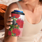 New Zealand Fantail 4 in 1 Can Cooler Tumbler Maori Koru With Pohutukawa Flowers - Aussie Hoodie
