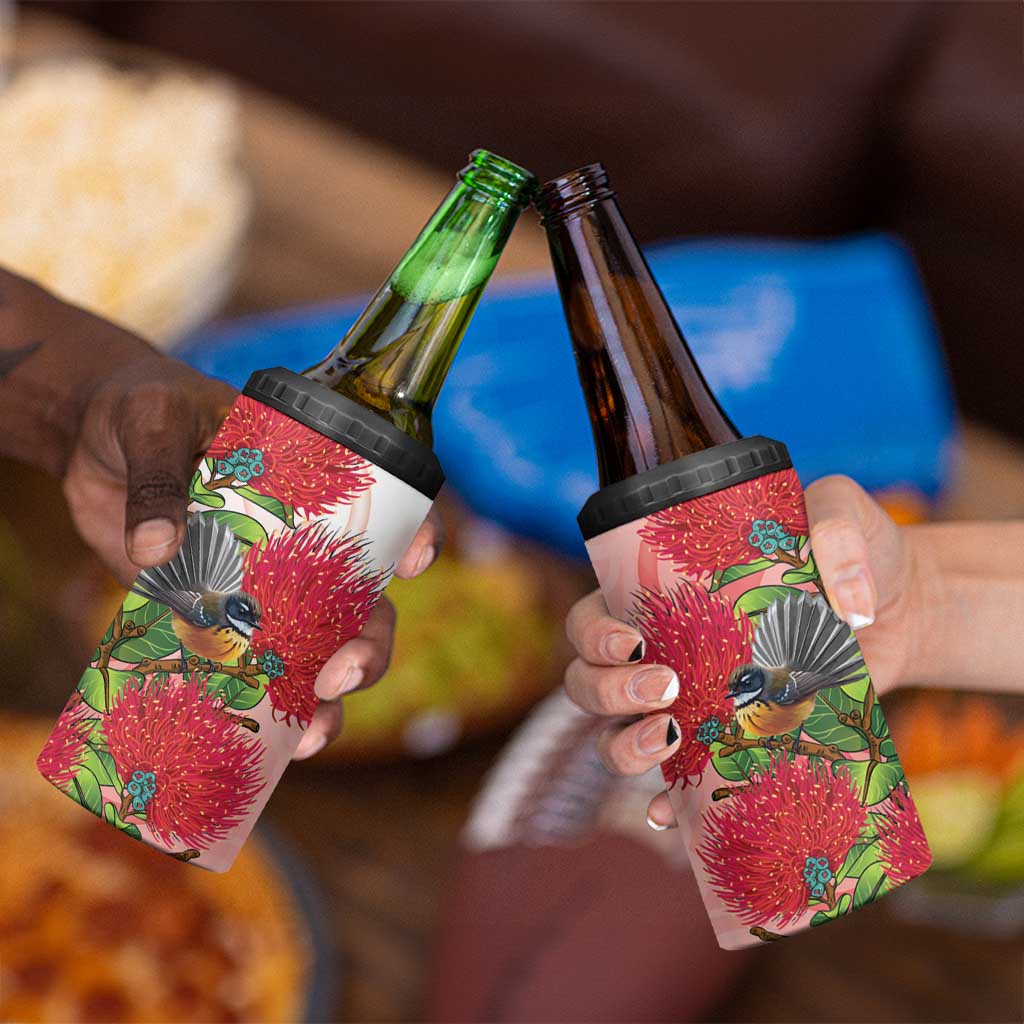New Zealand Fantail 4 in 1 Can Cooler Tumbler Maori Koru With Pohutukawa Flowers - Aussie Hoodie
