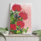 New Zealand Fantail Canvas Wall Art Maori Koru With Pohutukawa Flowers - Aussie Hoodie