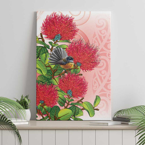 New Zealand Fantail Canvas Wall Art Maori Koru With Pohutukawa Flowers - Aussie Hoodie