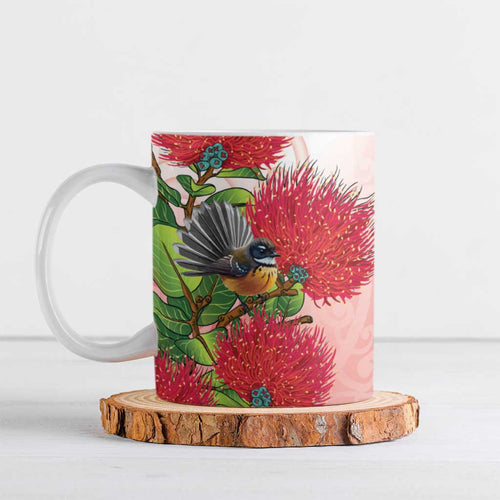 New Zealand Fantail Ceramic Mug Maori Koru With Pohutukawa Flowers - Aussie Hoodie