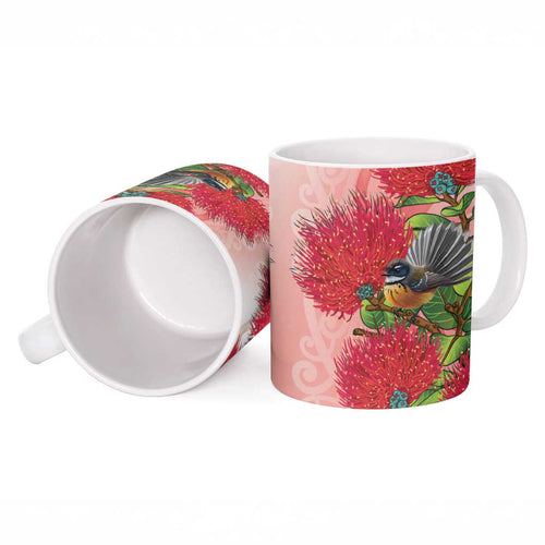 New Zealand Fantail Ceramic Mug Maori Koru With Pohutukawa Flowers - Aussie Hoodie