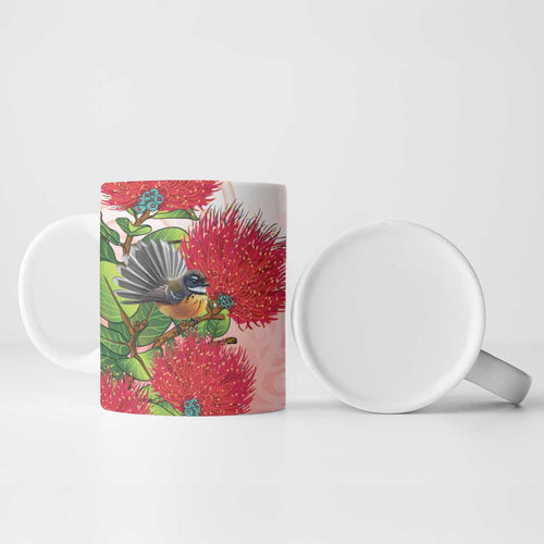 New Zealand Fantail Ceramic Mug Maori Koru With Pohutukawa Flowers - Aussie Hoodie