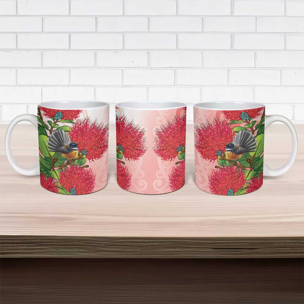 New Zealand Fantail Ceramic Mug Maori Koru With Pohutukawa Flowers - Aussie Hoodie