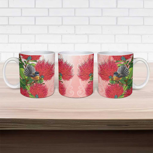 New Zealand Fantail Ceramic Mug Maori Koru With Pohutukawa Flowers - Aussie Hoodie