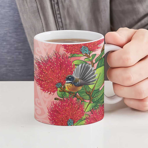 New Zealand Fantail Ceramic Mug Maori Koru With Pohutukawa Flowers - Aussie Hoodie