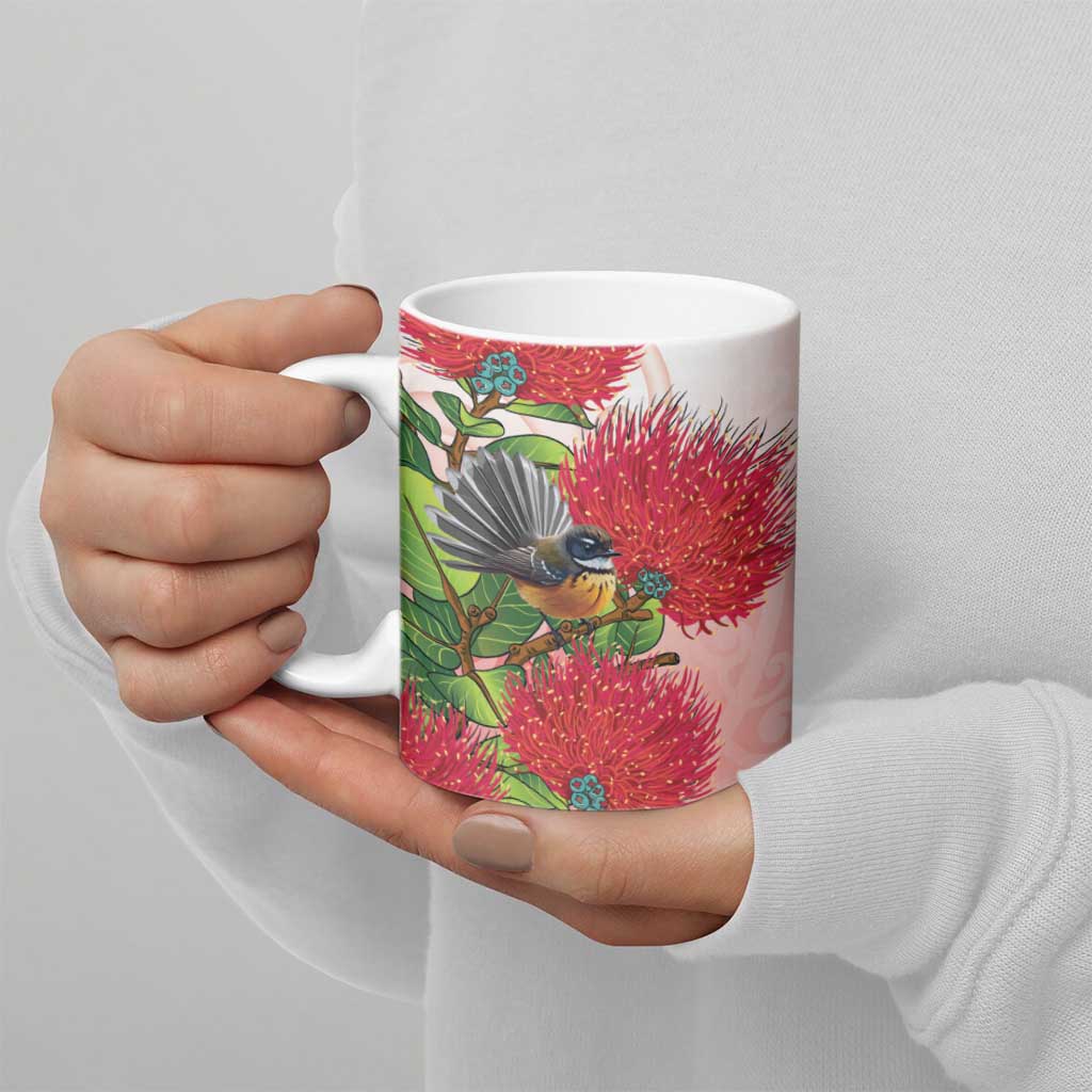 New Zealand Fantail Ceramic Mug Maori Koru With Pohutukawa Flowers - Aussie Hoodie