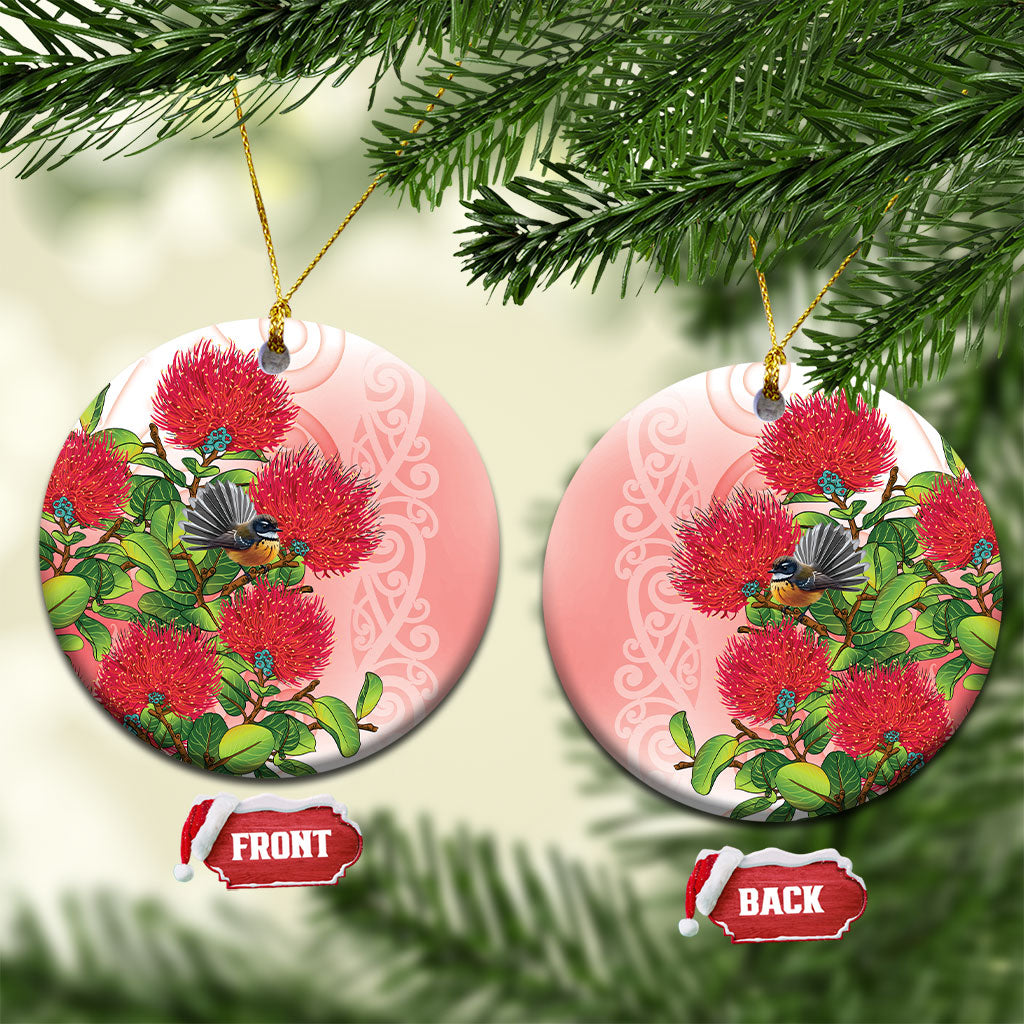 New Zealand Fantail Ceramic Ornament Maori Koru With Pohutukawa Flowers