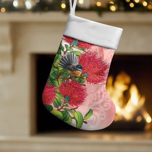 New Zealand Fantail Christmas Stocking Maori Koru With Pohutukawa Flowers