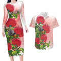 New Zealand Fantail Couples Matching Long Sleeve Bodycon Dress and Hawaiian Shirt Maori Koru With Pohutukawa Flowers - Aussie Hoodie