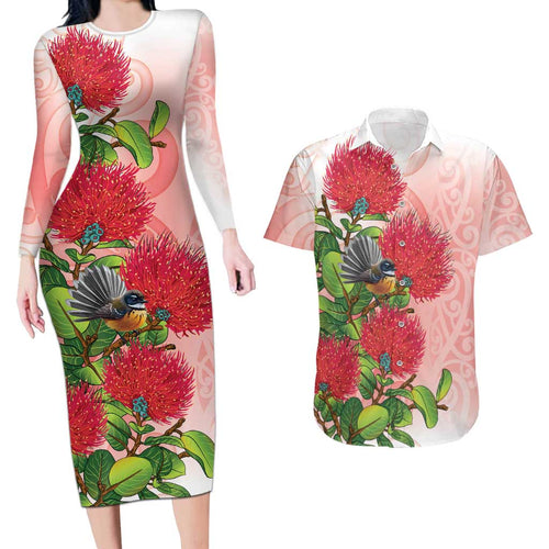 New Zealand Fantail Couples Matching Long Sleeve Bodycon Dress and Hawaiian Shirt Maori Koru With Pohutukawa Flowers - Aussie Hoodie