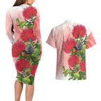New Zealand Fantail Couples Matching Long Sleeve Bodycon Dress and Hawaiian Shirt Maori Koru With Pohutukawa Flowers - Aussie Hoodie