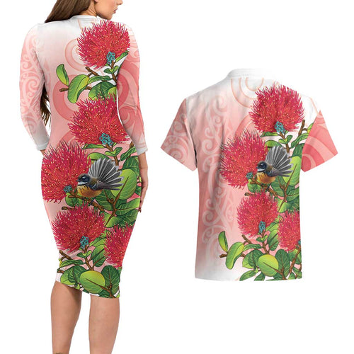 New Zealand Fantail Couples Matching Long Sleeve Bodycon Dress and Hawaiian Shirt Maori Koru With Pohutukawa Flowers - Aussie Hoodie