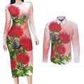 New Zealand Fantail Couples Matching Long Sleeve Bodycon Dress and Long Sleeve Button Shirt Maori Koru With Pohutukawa Flowers - Aussie Hoodie
