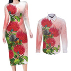 New Zealand Fantail Couples Matching Long Sleeve Bodycon Dress and Long Sleeve Button Shirt Maori Koru With Pohutukawa Flowers - Aussie Hoodie