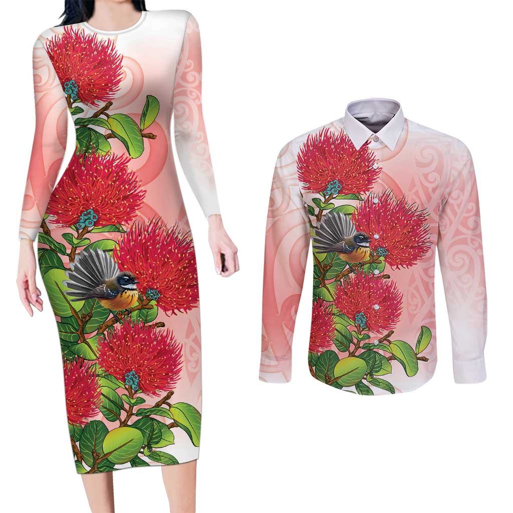 New Zealand Fantail Couples Matching Long Sleeve Bodycon Dress and Long Sleeve Button Shirt Maori Koru With Pohutukawa Flowers - Aussie Hoodie