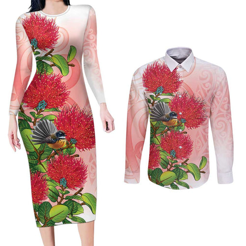New Zealand Fantail Couples Matching Long Sleeve Bodycon Dress and Long Sleeve Button Shirt Maori Koru With Pohutukawa Flowers - Aussie Hoodie
