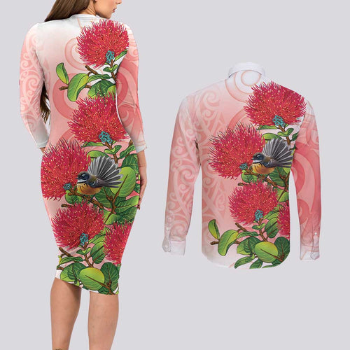 New Zealand Fantail Couples Matching Long Sleeve Bodycon Dress and Long Sleeve Button Shirt Maori Koru With Pohutukawa Flowers - Aussie Hoodie