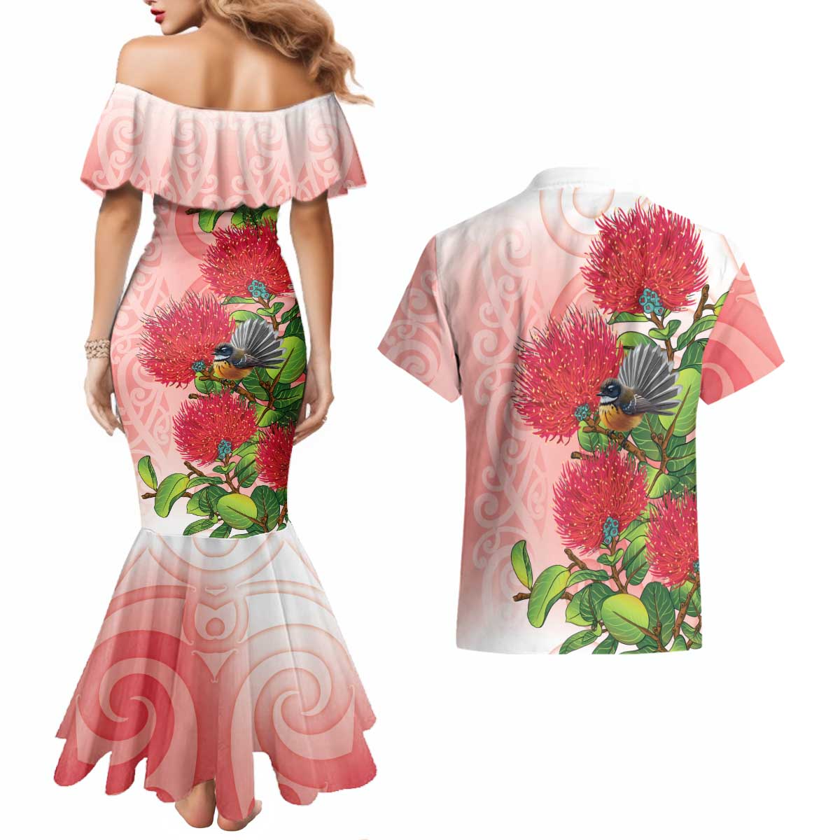 New Zealand Fantail Couples Matching Mermaid Dress and Hawaiian Shirt Maori Koru With Pohutukawa Flowers - Aussie Hoodie