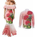 New Zealand Fantail Couples Matching Mermaid Dress and Long Sleeve Button Shirt Maori Koru With Pohutukawa Flowers - Aussie Hoodie