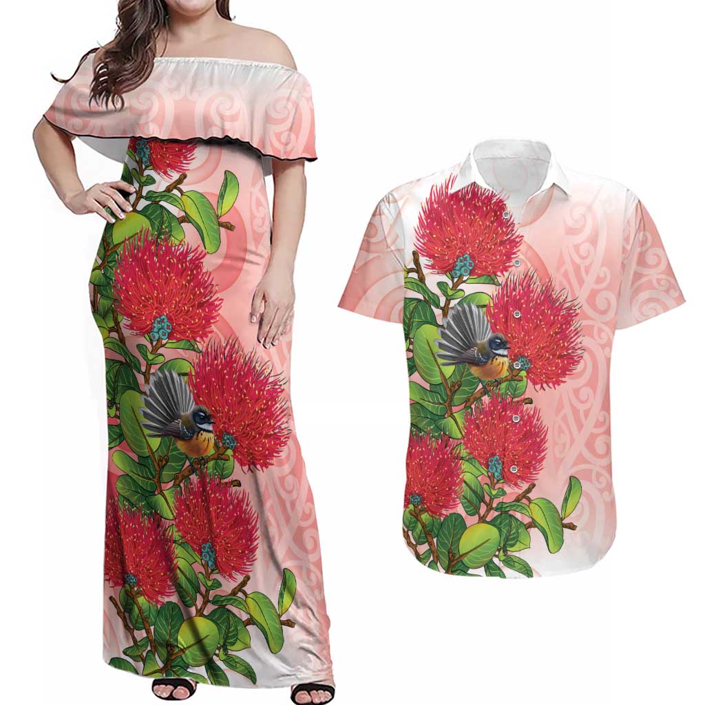 New Zealand Fantail Couples Matching Off Shoulder Maxi Dress and Hawaiian Shirt Maori Koru With Pohutukawa Flowers - Aussie Hoodie
