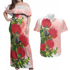 New Zealand Fantail Couples Matching Off Shoulder Maxi Dress and Hawaiian Shirt Maori Koru With Pohutukawa Flowers - Aussie Hoodie