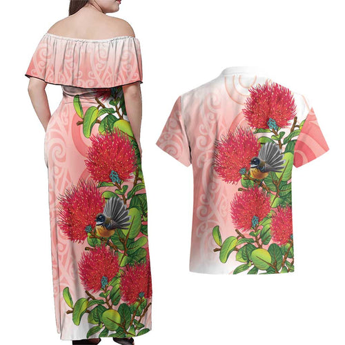 New Zealand Fantail Couples Matching Off Shoulder Maxi Dress and Hawaiian Shirt Maori Koru With Pohutukawa Flowers - Aussie Hoodie