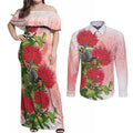 New Zealand Fantail Couples Matching Off Shoulder Maxi Dress and Long Sleeve Button Shirt Maori Koru With Pohutukawa Flowers - Aussie Hoodie