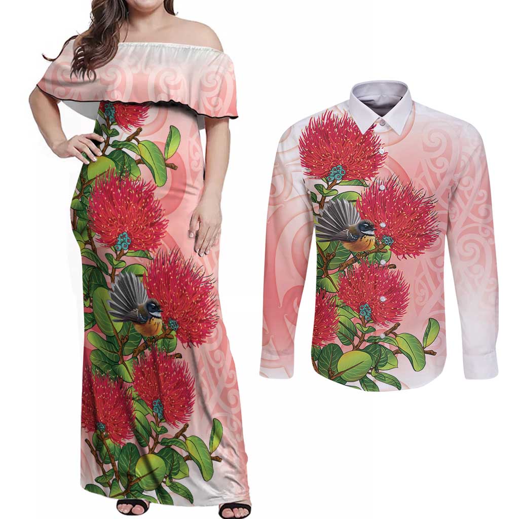 New Zealand Fantail Couples Matching Off Shoulder Maxi Dress and Long Sleeve Button Shirt Maori Koru With Pohutukawa Flowers - Aussie Hoodie