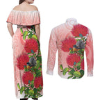 New Zealand Fantail Couples Matching Off Shoulder Maxi Dress and Long Sleeve Button Shirt Maori Koru With Pohutukawa Flowers - Aussie Hoodie