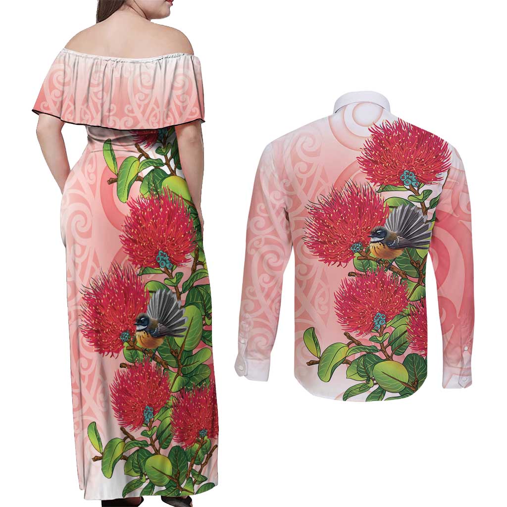 New Zealand Fantail Couples Matching Off Shoulder Maxi Dress and Long Sleeve Button Shirt Maori Koru With Pohutukawa Flowers - Aussie Hoodie