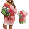 New Zealand Fantail Couples Matching Off Shoulder Short Dress and Hawaiian Shirt Maori Koru With Pohutukawa Flowers - Aussie Hoodie