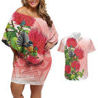New Zealand Fantail Couples Matching Off Shoulder Short Dress and Hawaiian Shirt Maori Koru With Pohutukawa Flowers - Aussie Hoodie