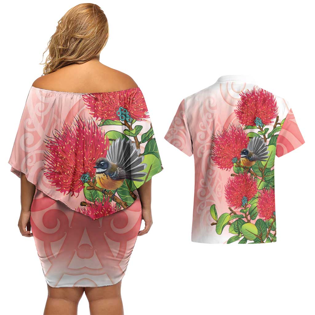 New Zealand Fantail Couples Matching Off Shoulder Short Dress and Hawaiian Shirt Maori Koru With Pohutukawa Flowers - Aussie Hoodie