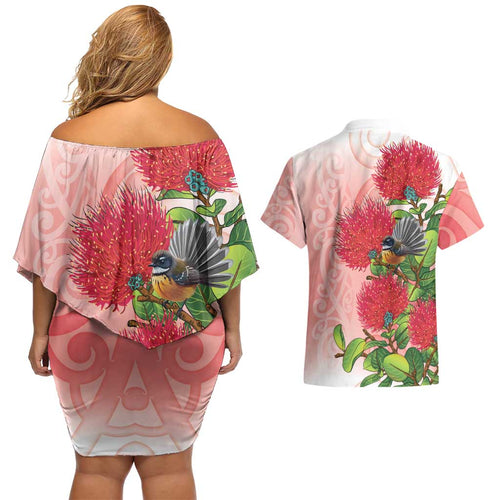 New Zealand Fantail Couples Matching Off Shoulder Short Dress and Hawaiian Shirt Maori Koru With Pohutukawa Flowers - Aussie Hoodie