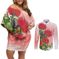 New Zealand Fantail Couples Matching Off Shoulder Short Dress and Long Sleeve Button Shirt Maori Koru With Pohutukawa Flowers - Aussie Hoodie