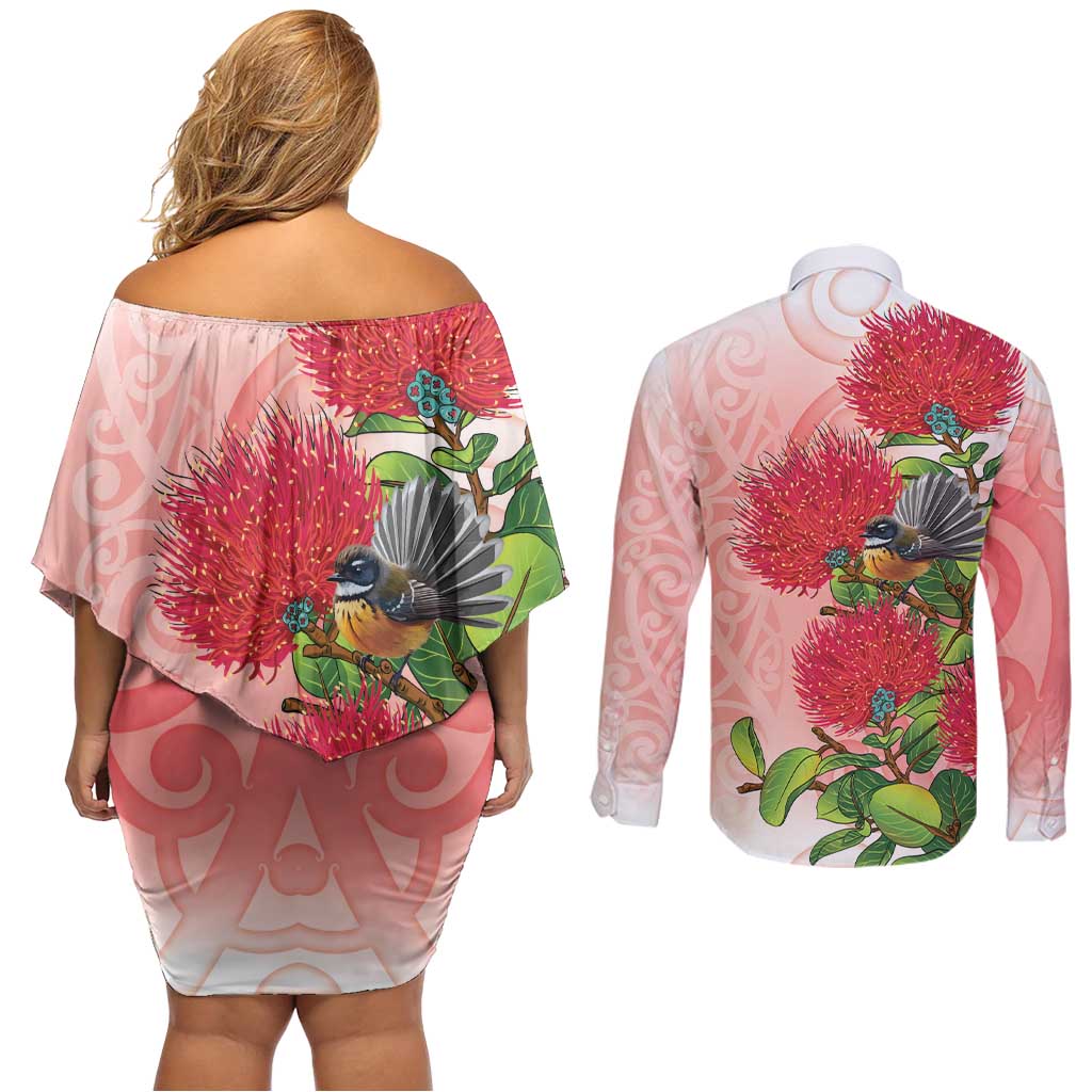 New Zealand Fantail Couples Matching Off Shoulder Short Dress and Long Sleeve Button Shirt Maori Koru With Pohutukawa Flowers - Aussie Hoodie