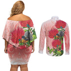 New Zealand Fantail Couples Matching Off Shoulder Short Dress and Long Sleeve Button Shirt Maori Koru With Pohutukawa Flowers - Aussie Hoodie