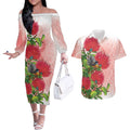 New Zealand Fantail Couples Matching Off The Shoulder Long Sleeve Dress and Hawaiian Shirt Maori Koru With Pohutukawa Flowers - Aussie Hoodie