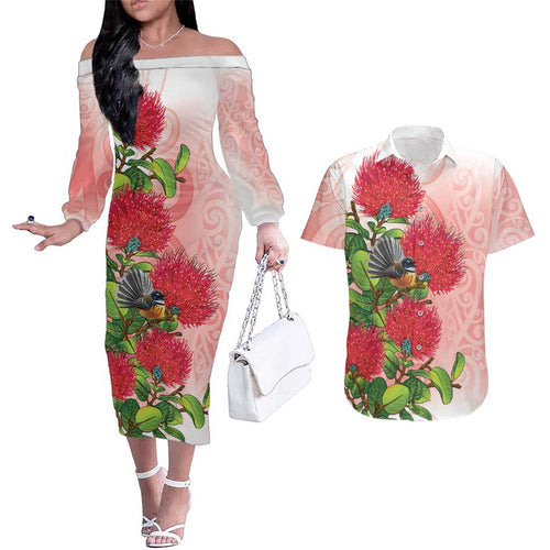 New Zealand Fantail Couples Matching Off The Shoulder Long Sleeve Dress and Hawaiian Shirt Maori Koru With Pohutukawa Flowers - Aussie Hoodie