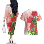 New Zealand Fantail Couples Matching Off The Shoulder Long Sleeve Dress and Hawaiian Shirt Maori Koru With Pohutukawa Flowers - Aussie Hoodie