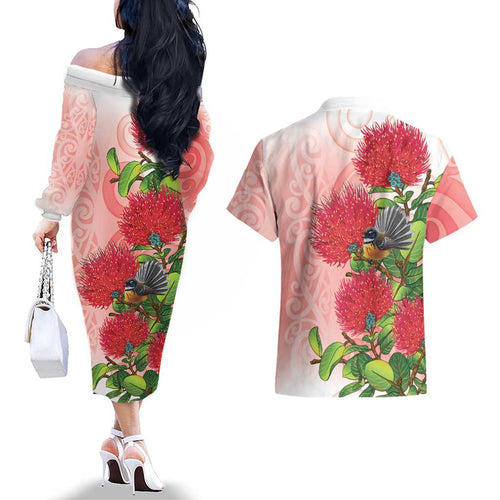 New Zealand Fantail Couples Matching Off The Shoulder Long Sleeve Dress and Hawaiian Shirt Maori Koru With Pohutukawa Flowers - Aussie Hoodie