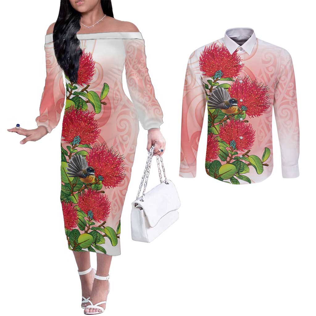 New Zealand Fantail Couples Matching Off The Shoulder Long Sleeve Dress and Long Sleeve Button Shirt Maori Koru With Pohutukawa Flowers - Aussie Hoodie
