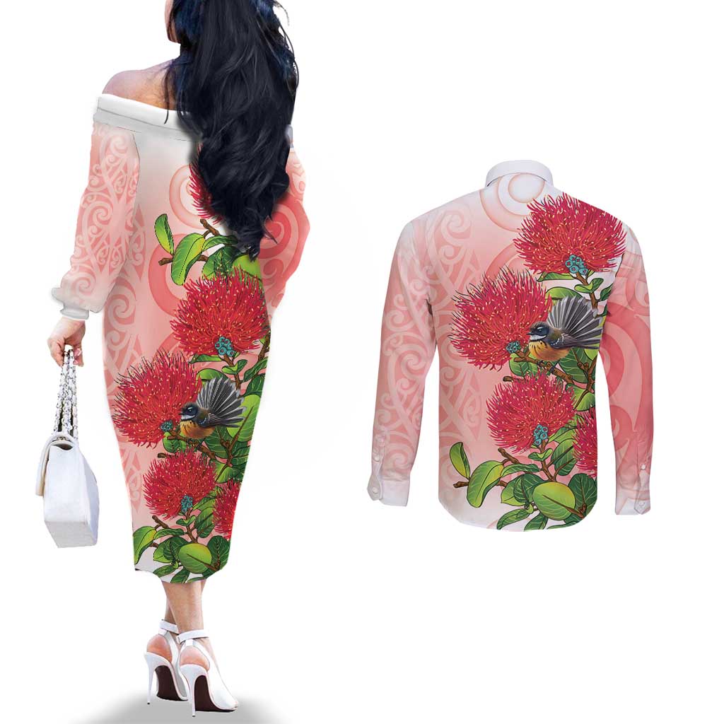 New Zealand Fantail Couples Matching Off The Shoulder Long Sleeve Dress and Long Sleeve Button Shirt Maori Koru With Pohutukawa Flowers - Aussie Hoodie