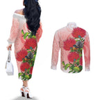 New Zealand Fantail Couples Matching Off The Shoulder Long Sleeve Dress and Long Sleeve Button Shirt Maori Koru With Pohutukawa Flowers - Aussie Hoodie