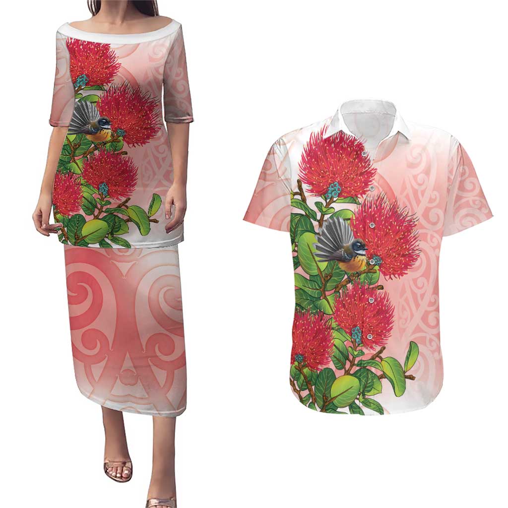 New Zealand Fantail Couples Matching Puletasi and Hawaiian Shirt Maori Koru With Pohutukawa Flowers - Aussie Hoodie