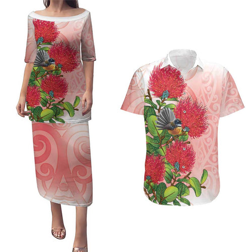 New Zealand Fantail Couples Matching Puletasi and Hawaiian Shirt Maori Koru With Pohutukawa Flowers - Aussie Hoodie