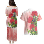 New Zealand Fantail Couples Matching Puletasi and Hawaiian Shirt Maori Koru With Pohutukawa Flowers - Aussie Hoodie