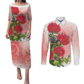 New Zealand Fantail Couples Matching Puletasi and Long Sleeve Button Shirt Maori Koru With Pohutukawa Flowers - Aussie Hoodie