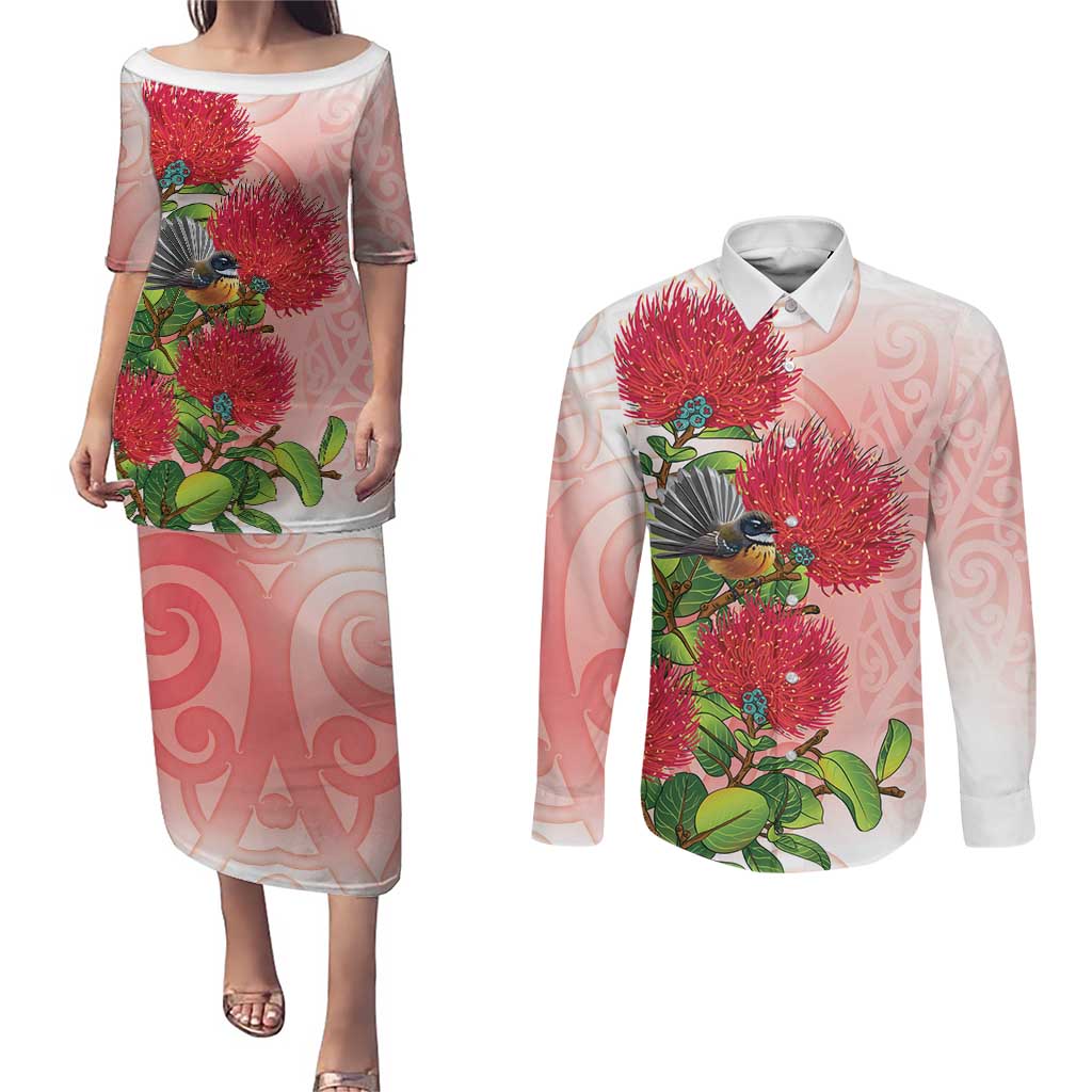 New Zealand Fantail Couples Matching Puletasi and Long Sleeve Button Shirt Maori Koru With Pohutukawa Flowers - Aussie Hoodie